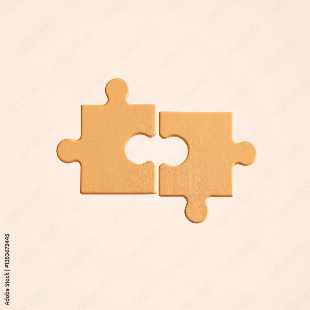 Two interlocking puzzle pieces on a beige background representing unity and connection Two interlocking puzzle pieces on a beige background representing unity and connection