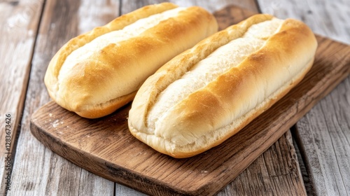 Two Golden Brown Crusty Sub Rolls on Wooden Board