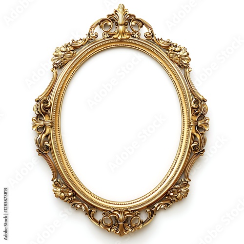 Elegant Ornate Gold Oval Frame Isolated on White Background