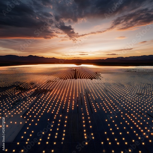 Glowing Solar Panels at Sunset: Renewable Energy Concept