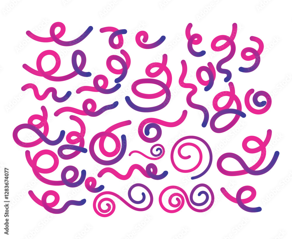 A collection Abstract Color Gradientshapes Lines with wavy lines . Colorful vector.Vector Spiral Confetti Shapes. Birthday Pattern with Color Fluid Elements A collection Abstract Color Gradientshapes Lines with wavy lines . Colorful vector.Vector Spiral Confetti Shapes. Birthday Pattern with Color Fluid Elements