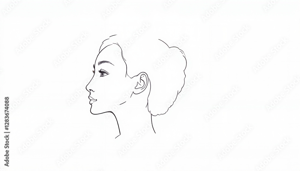 Minimalist line drawing of a woman's profile in black on white background Minimalist line drawing of a woman's profile in black on white background