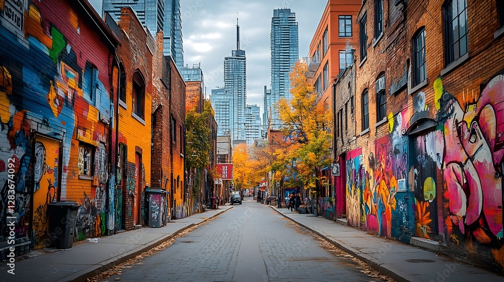 Fototapeta premium Vibrant Street Scene Showcasing Colorful Murals and Urban Art Culture – Generative AI