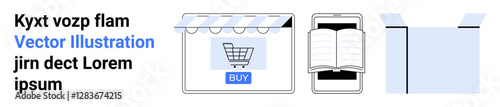Online store interface with cart button, book read on smartphone, package box depiction. Ideal for online shopping, e-commerce, mobile access, product delivery, digital reading, retail flat landing