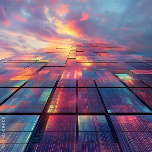 Glowing Solar Panels at Sunset: Renewable Energy Concept