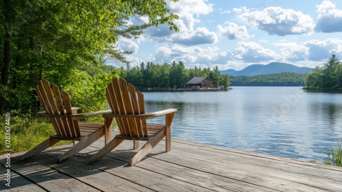 Serene Lake View with Adirondack Chairs on Wooden Dock