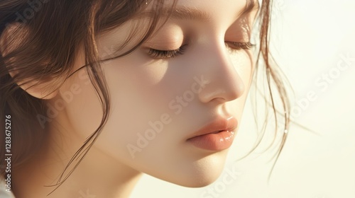 Soft, close-up portrait of a woman with her eyes closed, bathed in warm light, conveying a sense of peace, tranquility, and natural beauty.