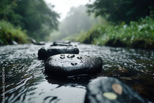 Drops of water remaining on stones after they are immersed in a river.  photo