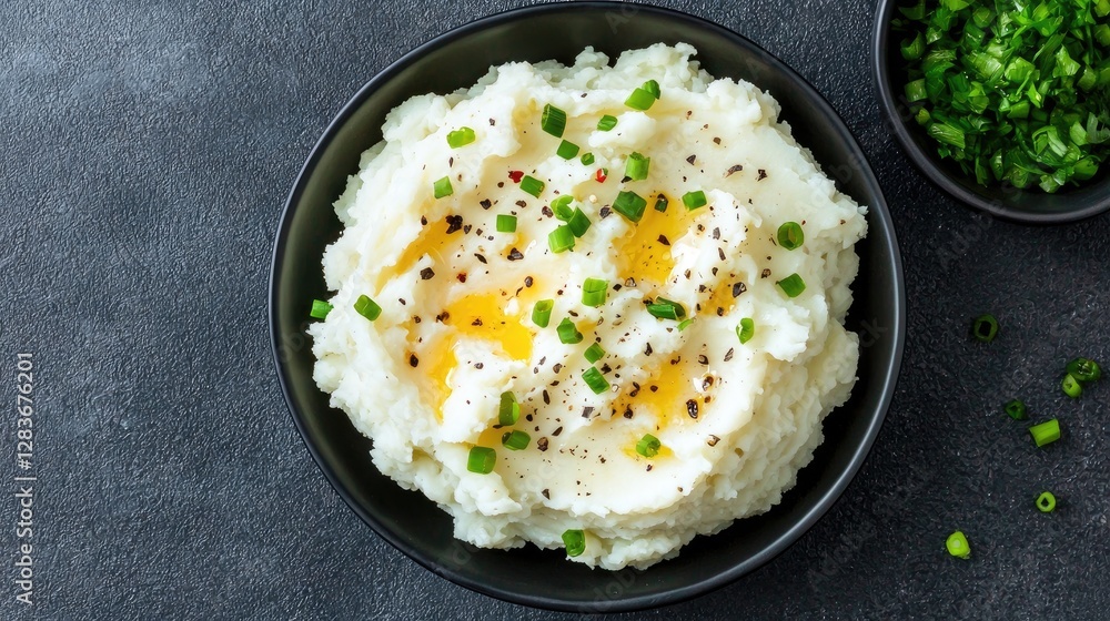 Creamy mashed potatoes in black bowl on dark background Creamy mashed potatoes in black bowl on dark background