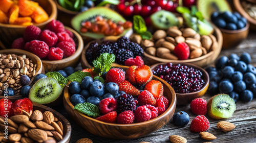 Vibrant superfoods, fresh fruits, berries, nuts, and seeds on a rustic table, celebrating natural health and vitality.