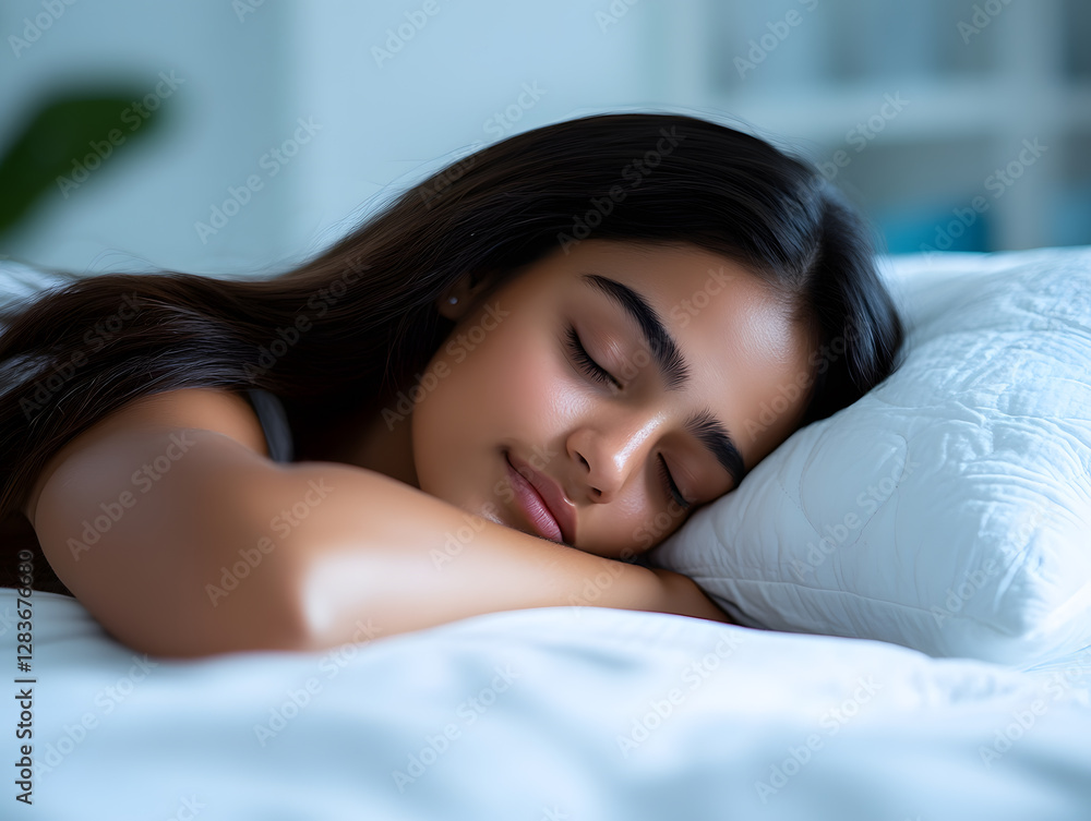 Woman enjoying a deep sleep in a bright, cozy bedroom filled with natural light Woman enjoying a deep sleep in a bright, cozy bedroom filled with natural light