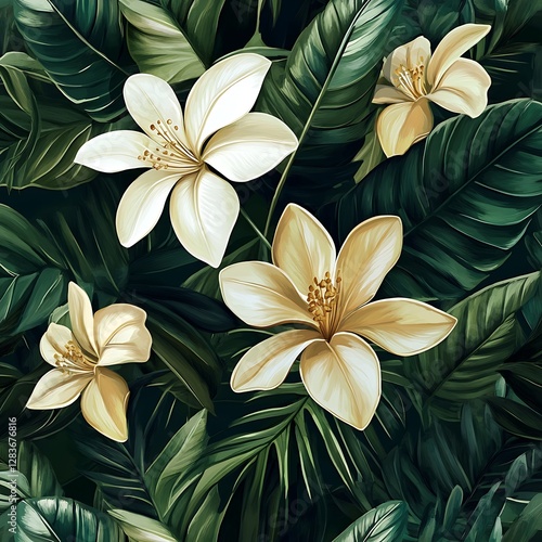 Exquisite Tropical Floral Symphony: Beige Flowers Amidst Lush Greenery