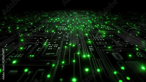 Circuit board technology, glowing green lights, futuristic background. Possible use stock photo for technology, innovation, or abstract concepts