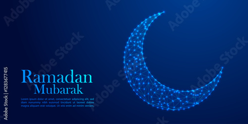 Low Poly Ramadan Mubarak Crescent Moon Illustration with Blue Glowing Geometric 3D Artwork Holy Time