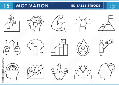 A set of line icons related to Motivation. Speech, motivate, encourage, empowerment, goal, success, target, focus, and so on. Vector editable stroke.