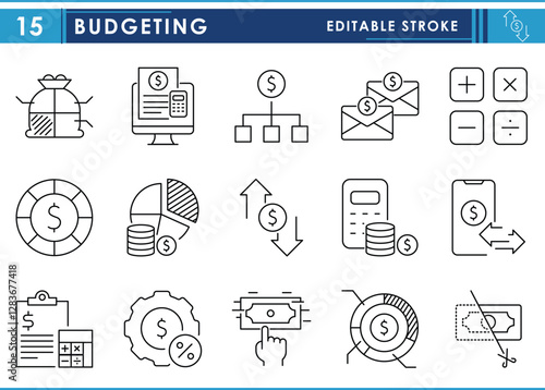 A set of line icons related to Budgeting. Budget, money, fraction, distribute, plan, calculate, optimize, and so on. Vector editable stroke.