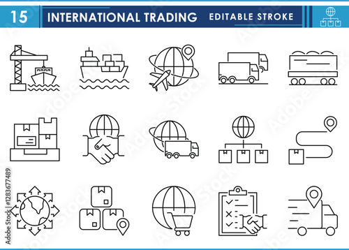 A set of line icons related to International Trading. Business, import, export, trade, agreement, packages, cargo, and so on. Vector editable stroke.