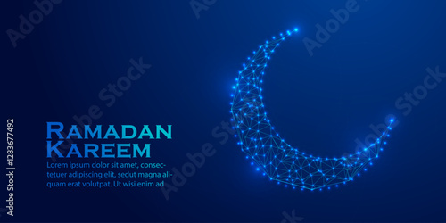 Low Poly Ramadan Mubarak Crescent Moon Illustration with Blue Glowing Geometric 3D Artwork Holy Time