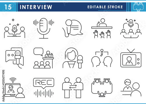 A set of line icons related to interview. Talk, chat, business, hire, study, online, podcast, news, face to face, and so on. Vector editable stroke.