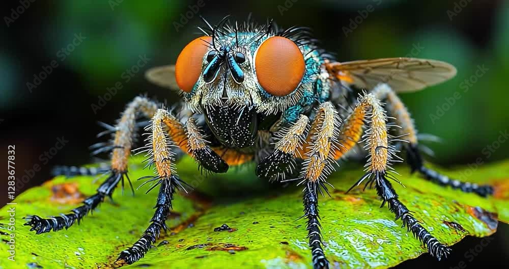 Close-up macro of colorful fly on leaf
