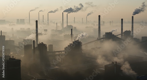 Smokestacks and Industry in Fog Industrial Landscape Showing Pollution