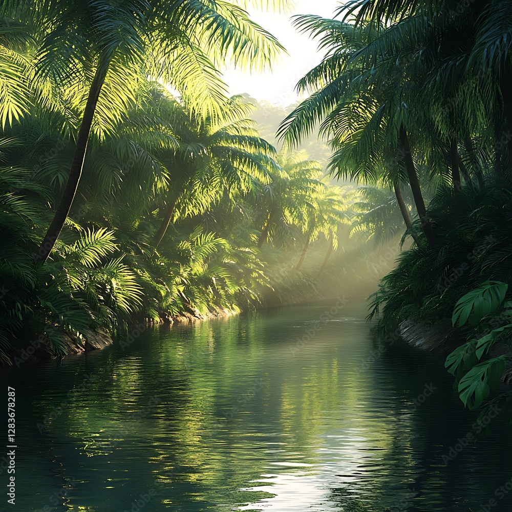 Tranquil Jungle River Surrounded by Luxuriant Palm Trees - Wide Shot Tranquil Jungle River Surrounded by Luxuriant Palm Trees - Wide Shot