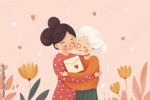 Heartwarming illustration of a young woman embracing her elderly grandmother in a floral setting, showcasing love, family, and connection in a soft pastel palette