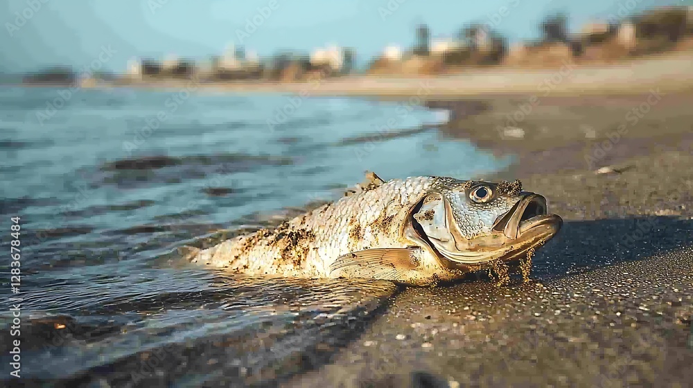 Fototapeta premium Dead fish on beach, polluted water, urban backdrop, environmental damage
