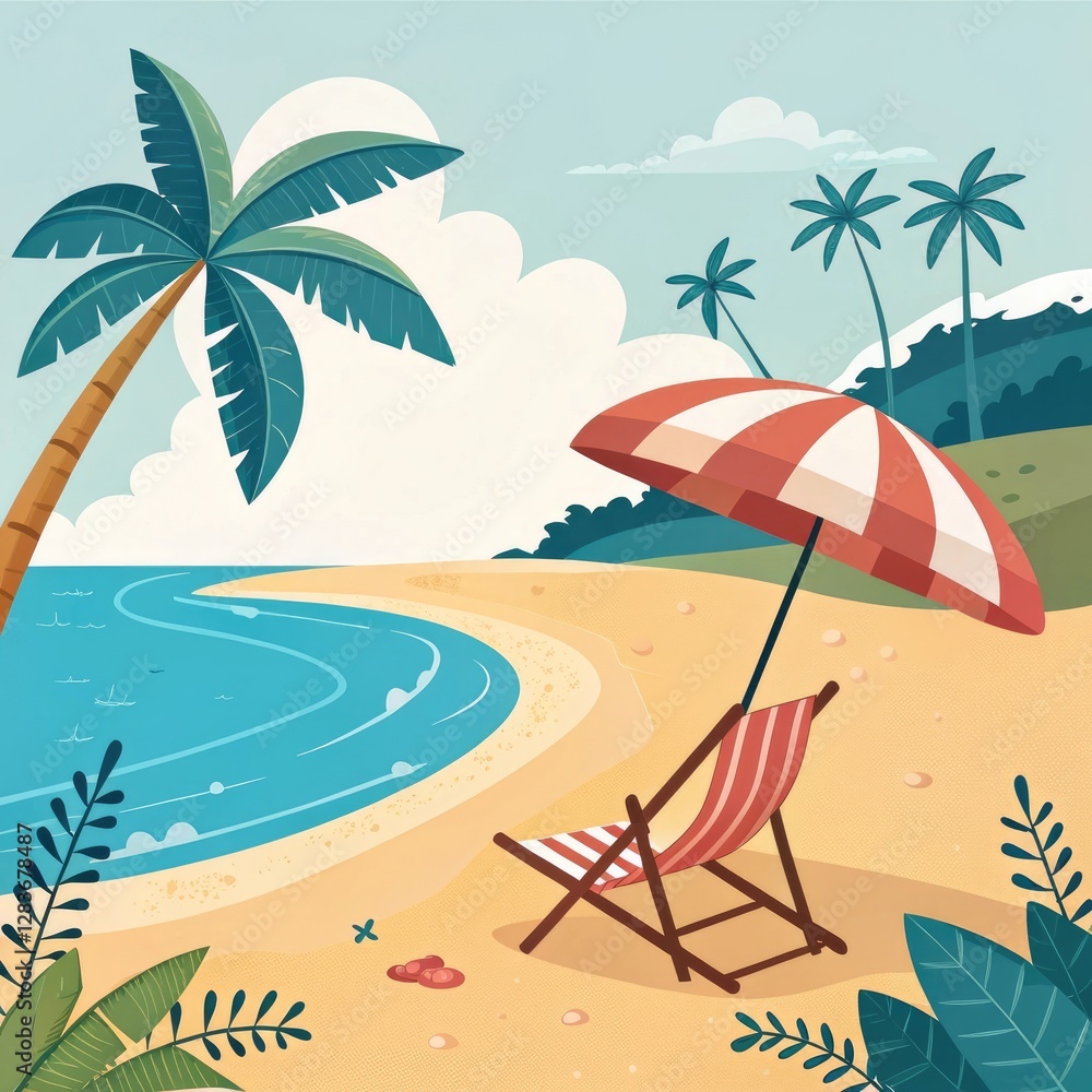 Obraz premium Tropical Beach Scene: Relaxing Vacation Illustration