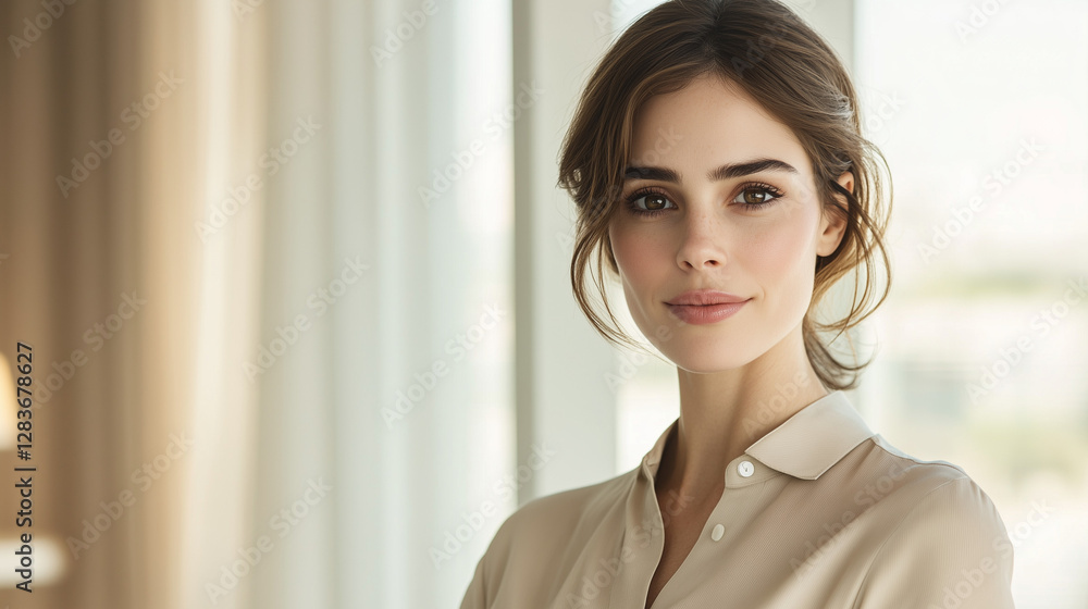 Brunette woman in beige blouse exudes elegance and confidence in soft light. Brunette woman in beige blouse exudes elegance and confidence in soft light.
