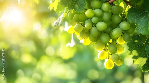 Green grapes tree with a bunch of growing mature Green grapes