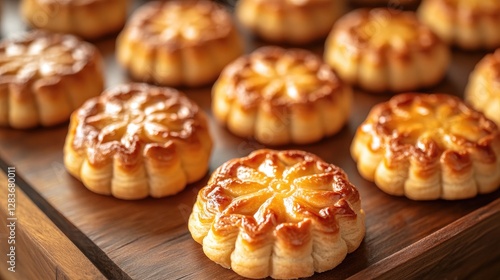 Wallpaper Mural Golden mooncakes on wooden tray, close-up. Food photography for recipe blogs Torontodigital.ca
