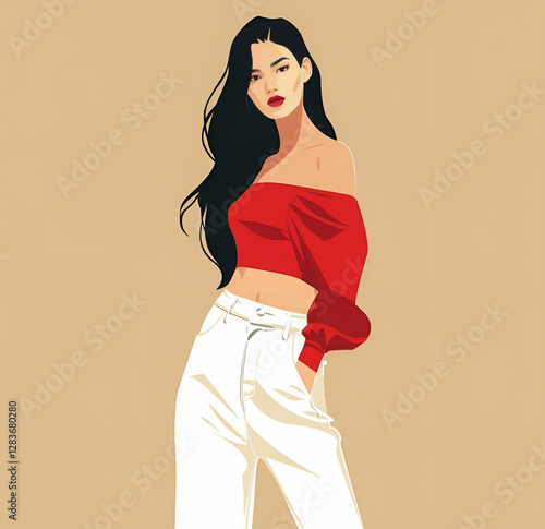 Minimalistyczna ilustracja modnej kobiety w czerwonej bluzce.