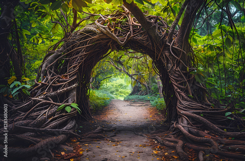 Magiczny tunel z korzeni i gałęzi w lesie photo