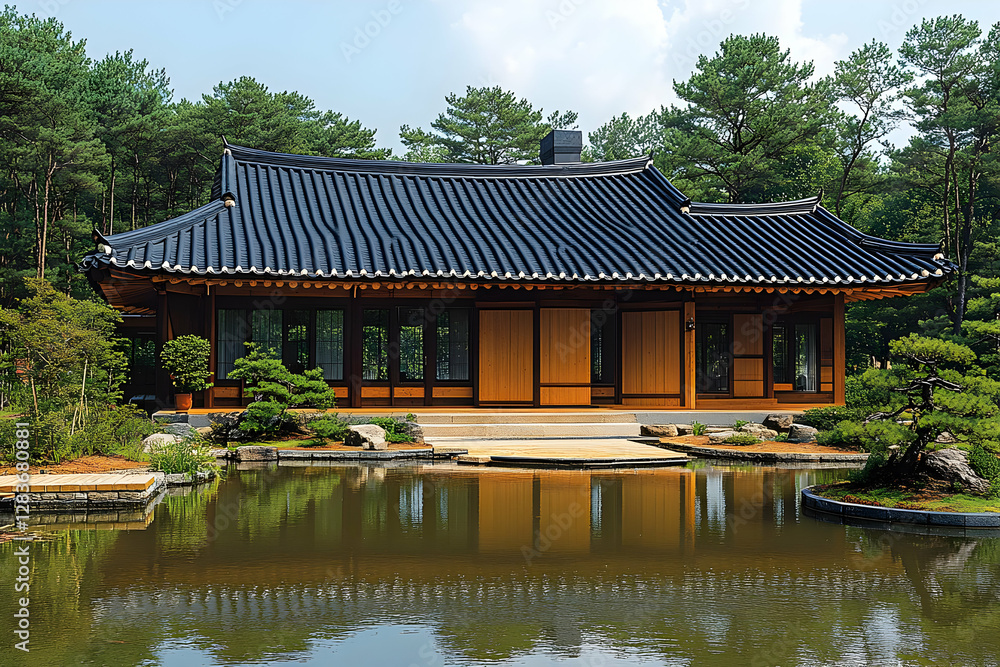 Fototapeta premium Traditional Wooden House By Pond In Japanese Garden