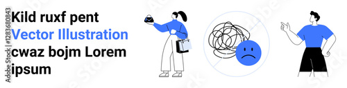 Person holding object, frowning face with scribbles, confident character striking a pose. Ideal for problem-solving, emotions, teamwork, personal growth, strategy, conflict resolution flat landing