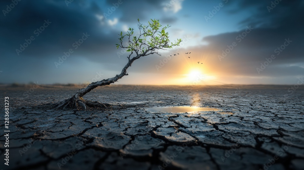 A Struggling Tree Resiliently Grows In Parched Earth After Drought and Rainfall Restores Moisture Levels A Struggling Tree Resiliently Grows In Parched Earth After Drought and Rainfall Restores Moisture Levels