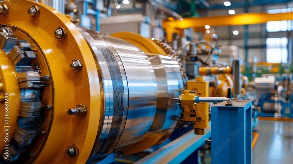 A close-up of industrial machinery featuring a polished metal cylinder and yellow components in a modern factory, highlighting precision engineering and manufacturing technology A close-up of industrial machinery featuring a polished metal cylinder and yellow components in a modern factory, highlighting precision engineering and manufacturing technology