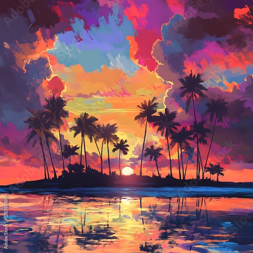 Vibrant Tropical Sunset with Palm Trees and Colorful Clouds