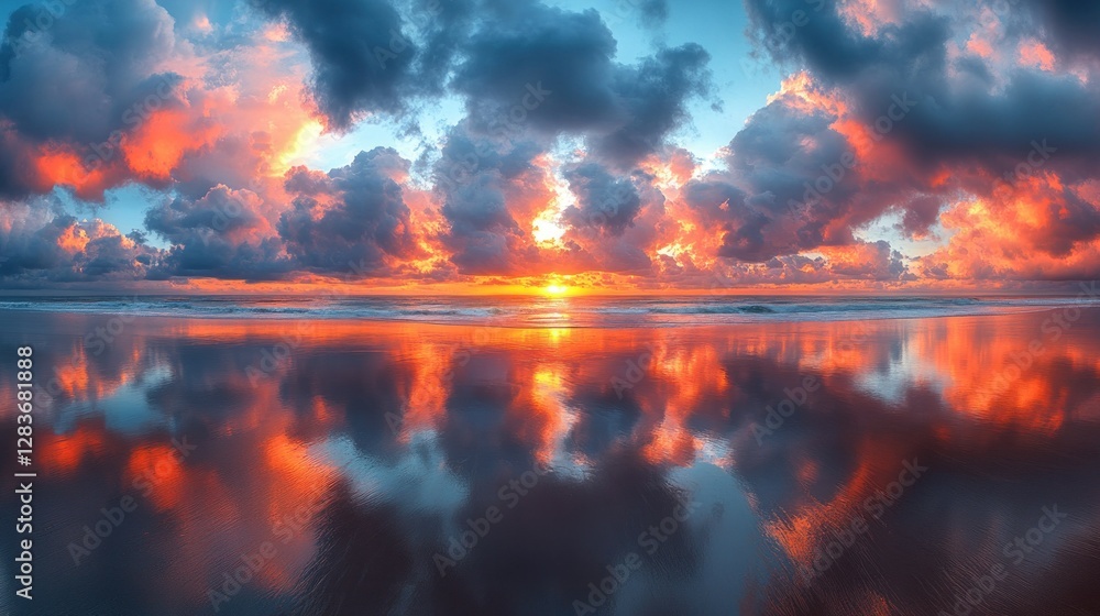 Naklejka premium Dramatic sunset reflection on calm beach