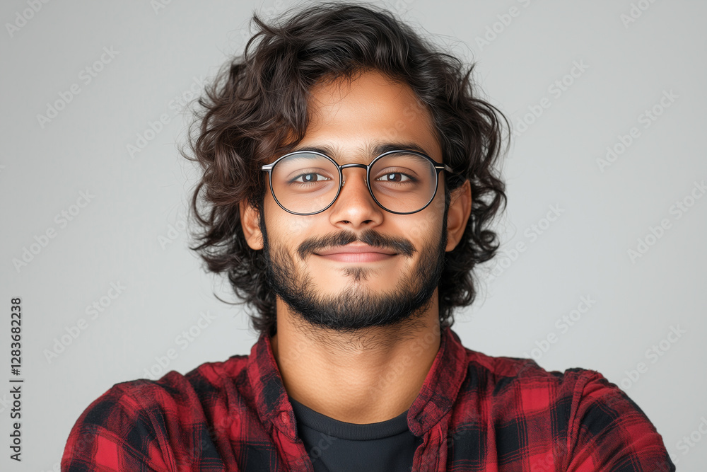 Bengali student with glasses smiling shyly in checkered shirt against plain background Bengali student with glasses smiling shyly in checkered shirt against plain background