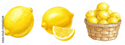 Fresh lemon fruit illustrations with whole and sliced citrus fruits, watercolour style clipart collection