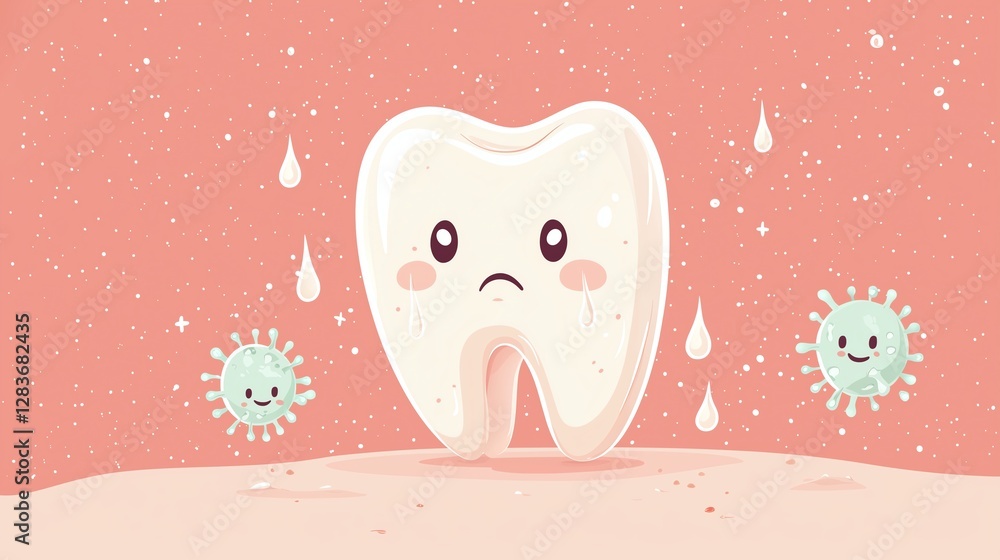 Flat Vector Illustration of Sad Tooth Character with Teardrops Surrounded by Mischievous Germs, Cracked with Visible Decay Spots, Soft Pastel Colors and Minimalist Design Flat Vector Illustration of Sad Tooth Character with Teardrops Surrounded by Mischievous Germs, Cracked with Visible Decay Spots, Soft Pastel Colors and Minimalist Design