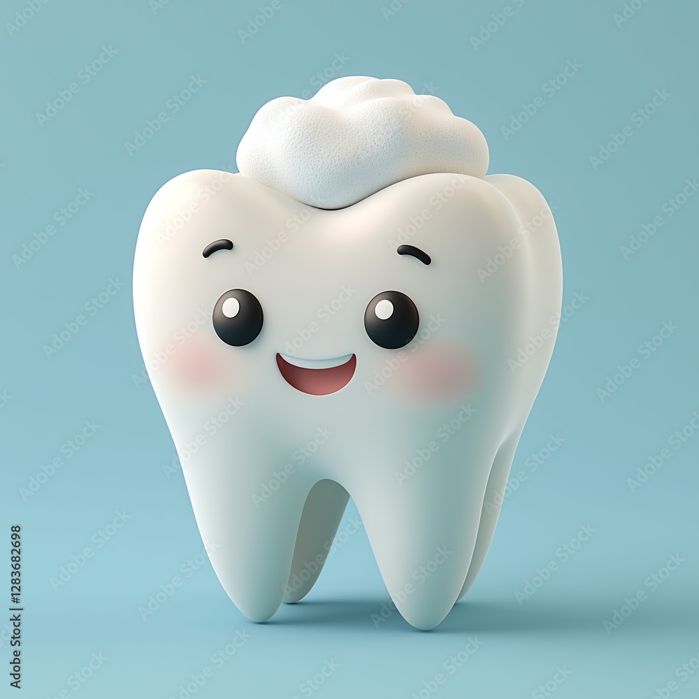 Adorable 3D Cartoon Tooth Character with Happy Smile, Toothpaste Foam on Top, Sparkling Clean Enamel, Soft Pastel Blue Background, Ideal for Children's Dental Clinics Adorable 3D Cartoon Tooth Character with Happy Smile, Toothpaste Foam on Top, Sparkling Clean Enamel, Soft Pastel Blue Background, Ideal for Children's Dental Clinics