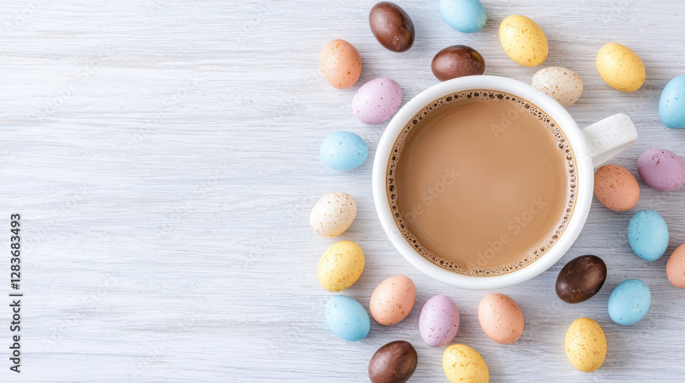 Cup of coffee surrounded by colorful chocolate eggs on wooden table Cup of coffee surrounded by colorful chocolate eggs on wooden table