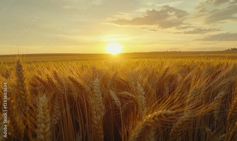 Obraz premium Golden wheat field sunset landscape, rural scene