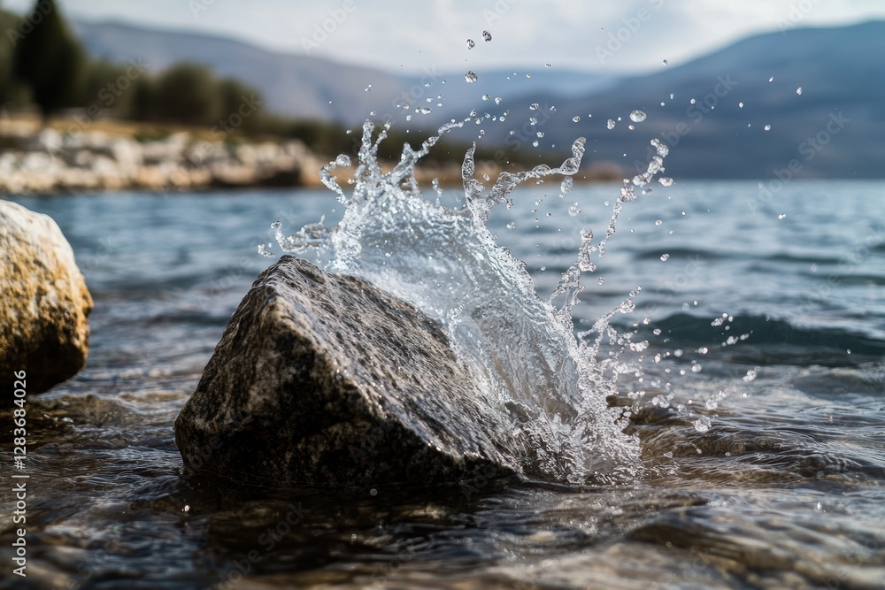 Obraz premium The splash of water when a stone falls into a lake or pond. 