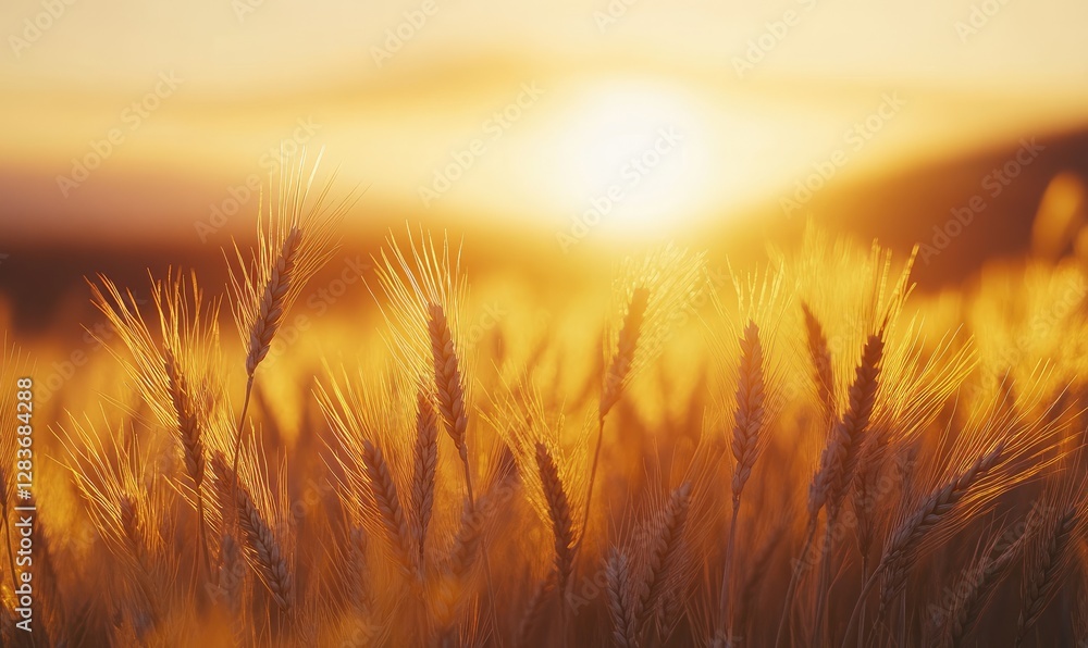 Golden Wheat Sunset Field, Harvesting Season Golden Wheat Sunset Field, Harvesting Season