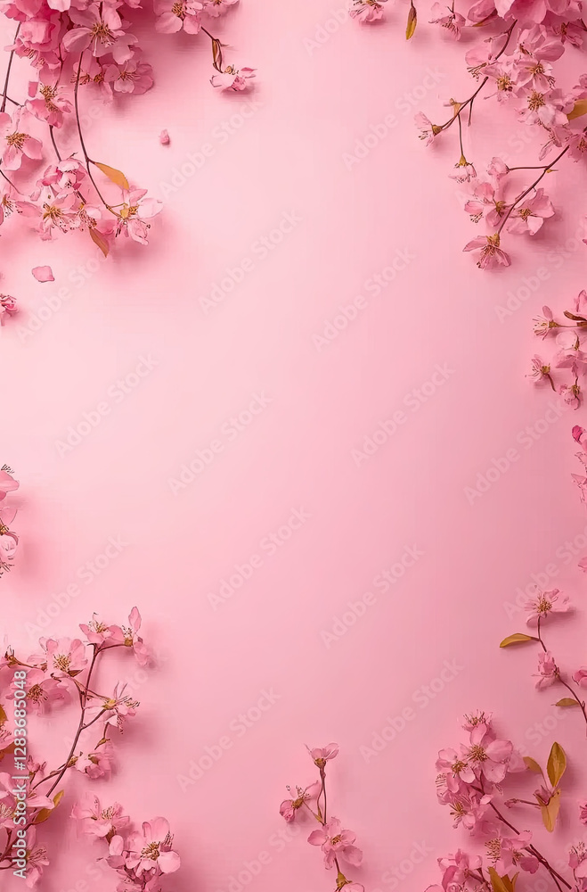 Fototapeta premium A delicate arrangement of pink flowers on a soft pink background, ideal for invitations or decor.