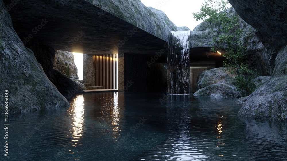 Fototapeta premium Modern cave house with pool, waterfall background, serene landscape; architectural design